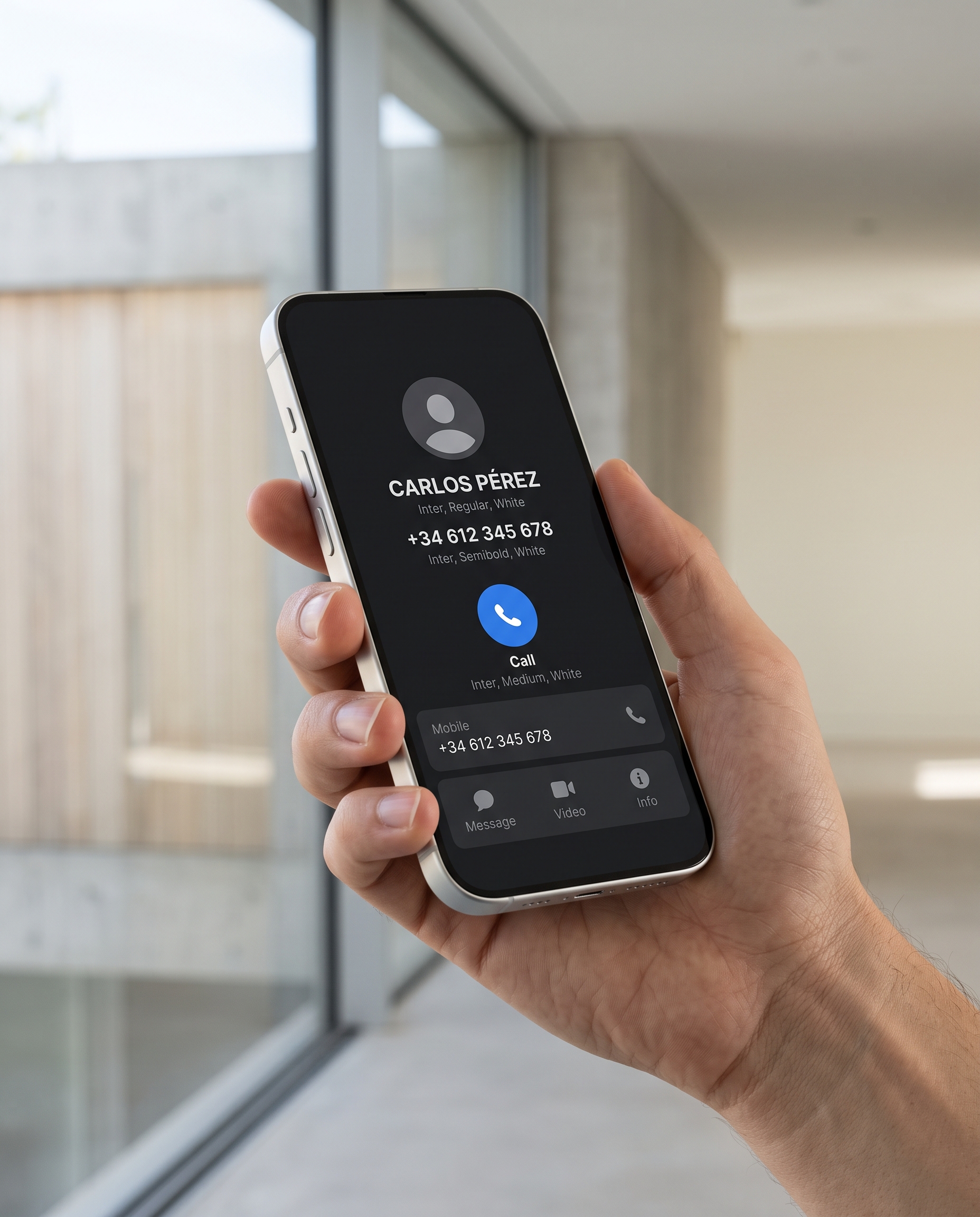 Teléfono móvil mostrando un contacto y un número internacional